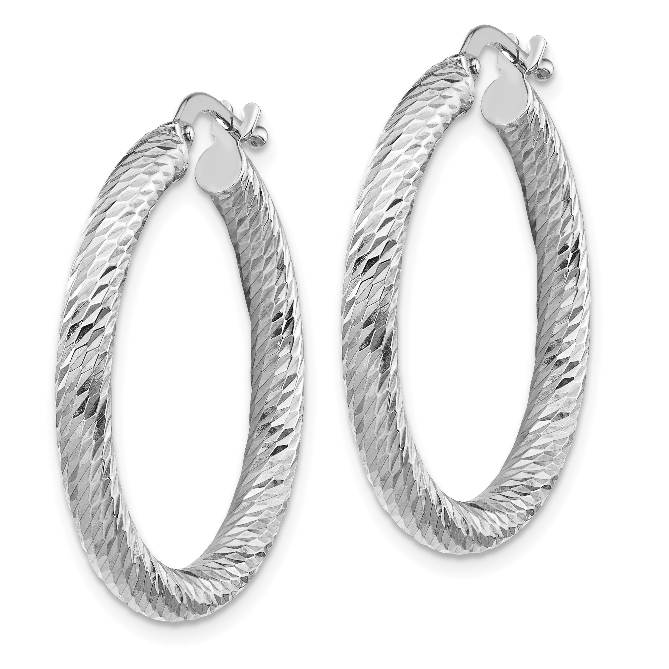 14k 3x20mm White Gold Diamond-cut Round Hoop Earrings