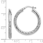 14k 3x20mm White Gold Diamond-cut Round Hoop Earrings