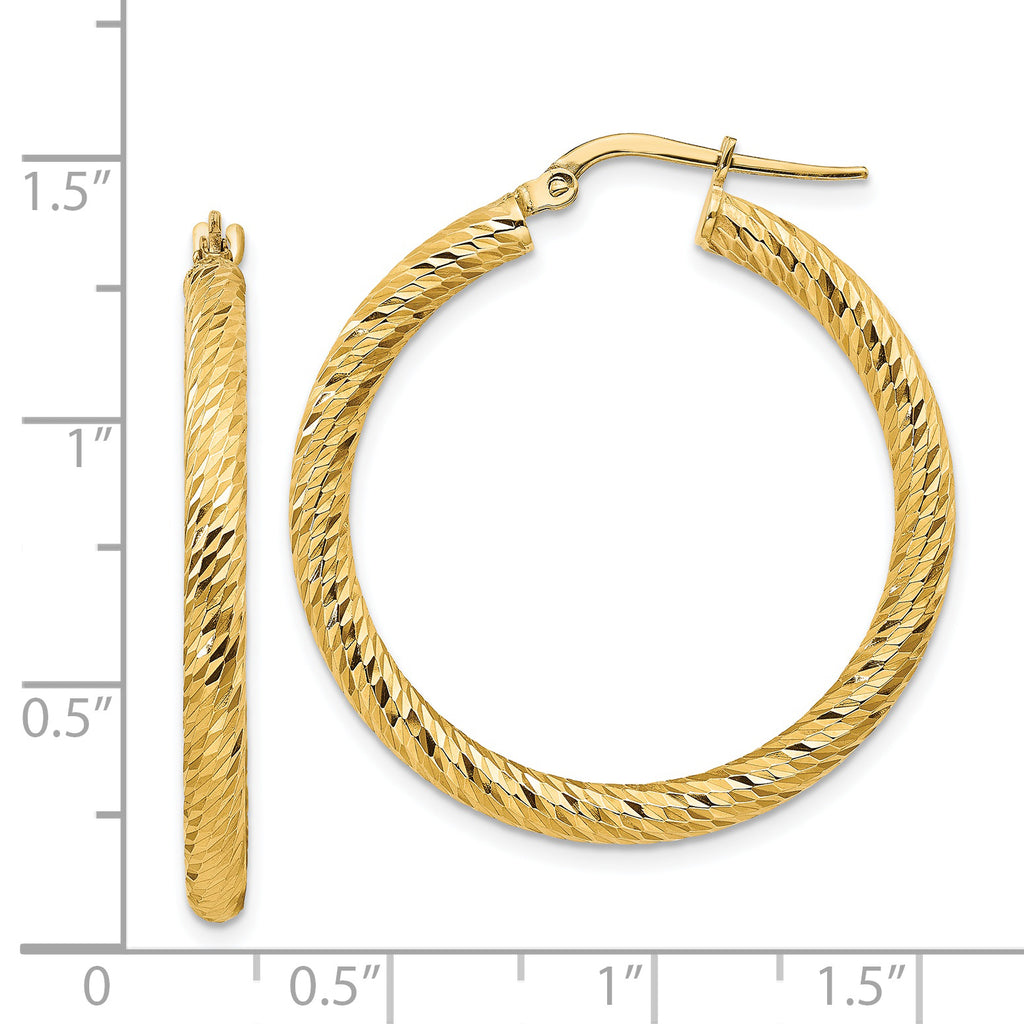 14k 3x25mm Diamond-cut Round Hoop Earrings