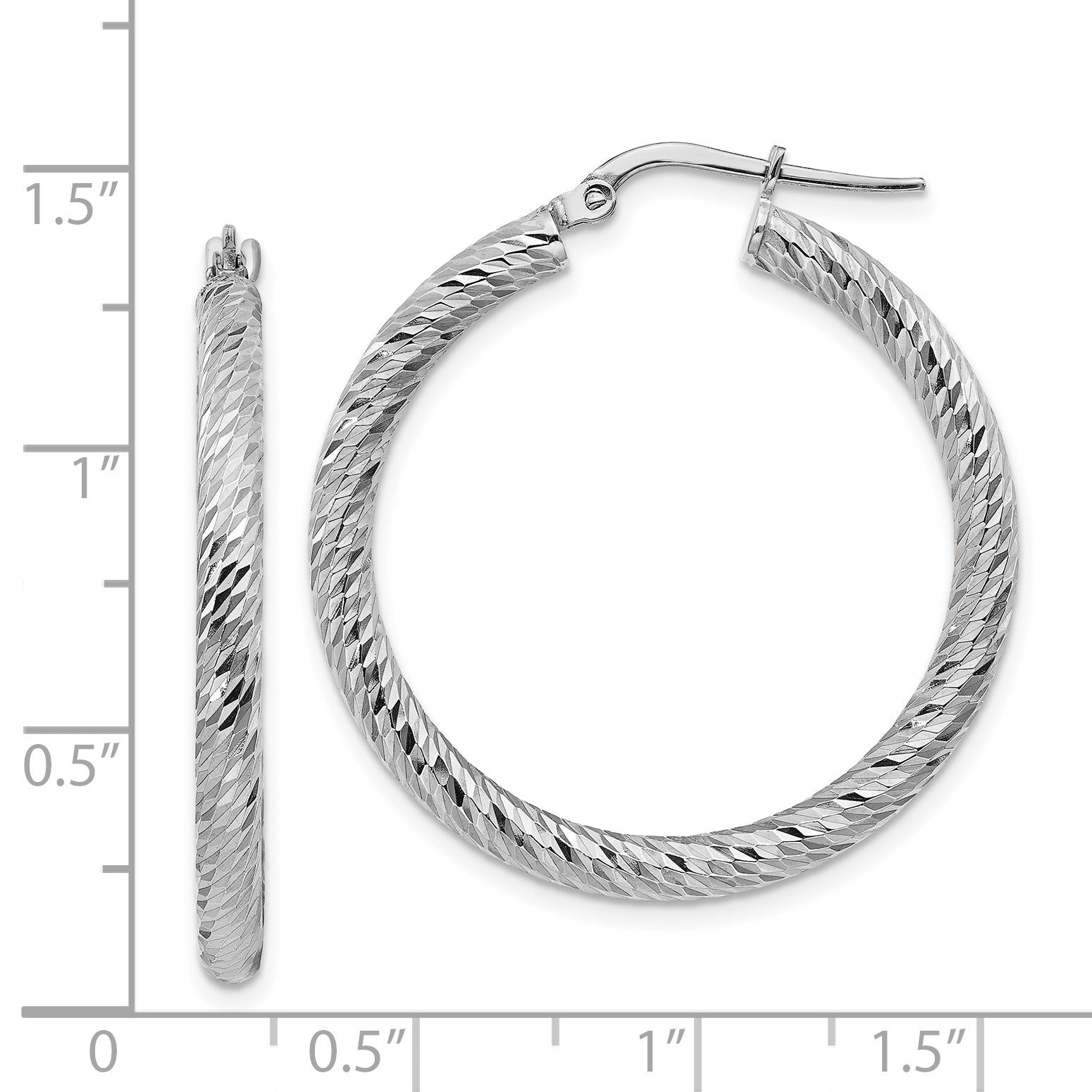 14k 3x25mm White Gold Diamond-cut Round Hoop Earrings