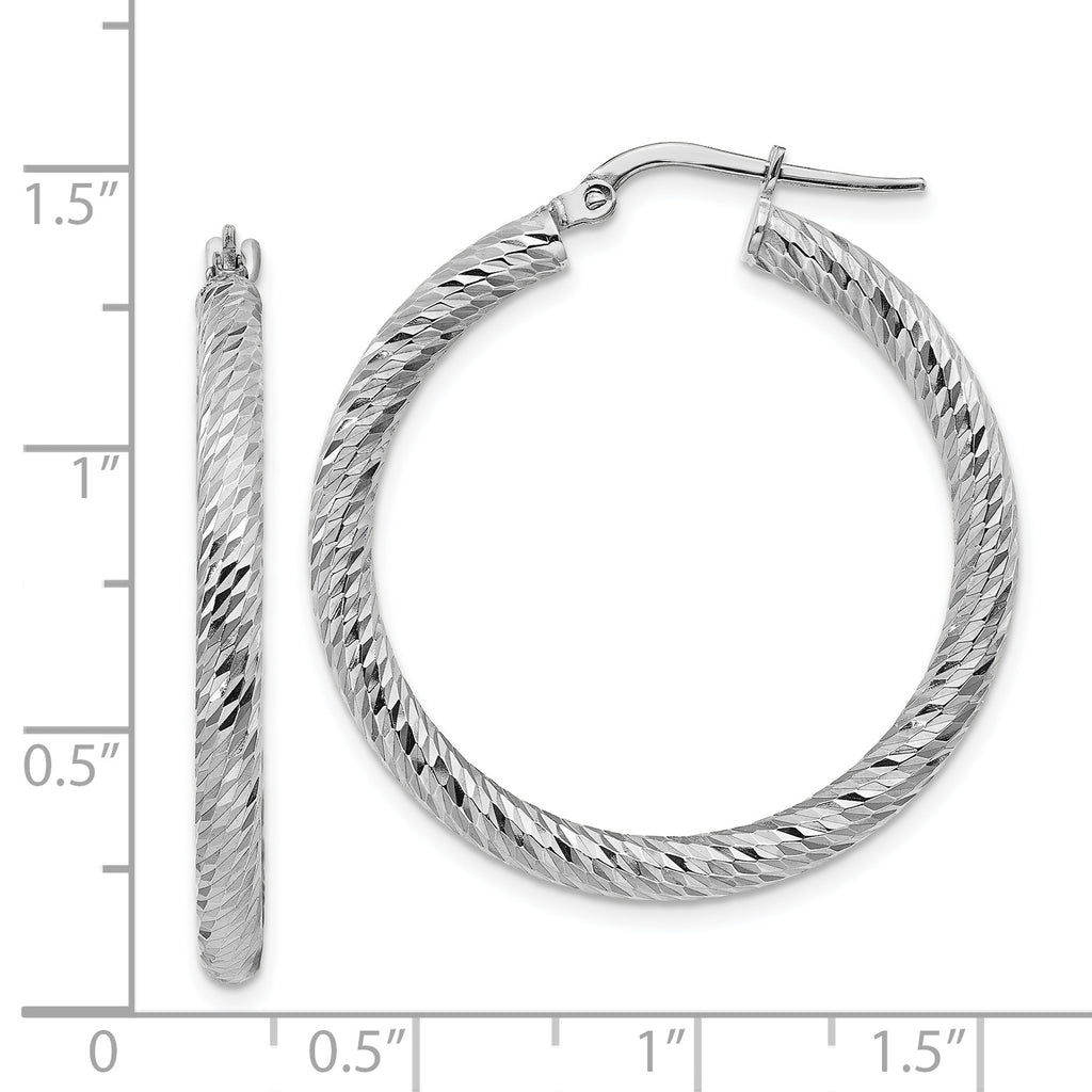14k 3x25mm White Gold Diamond-cut Round Hoop Earrings