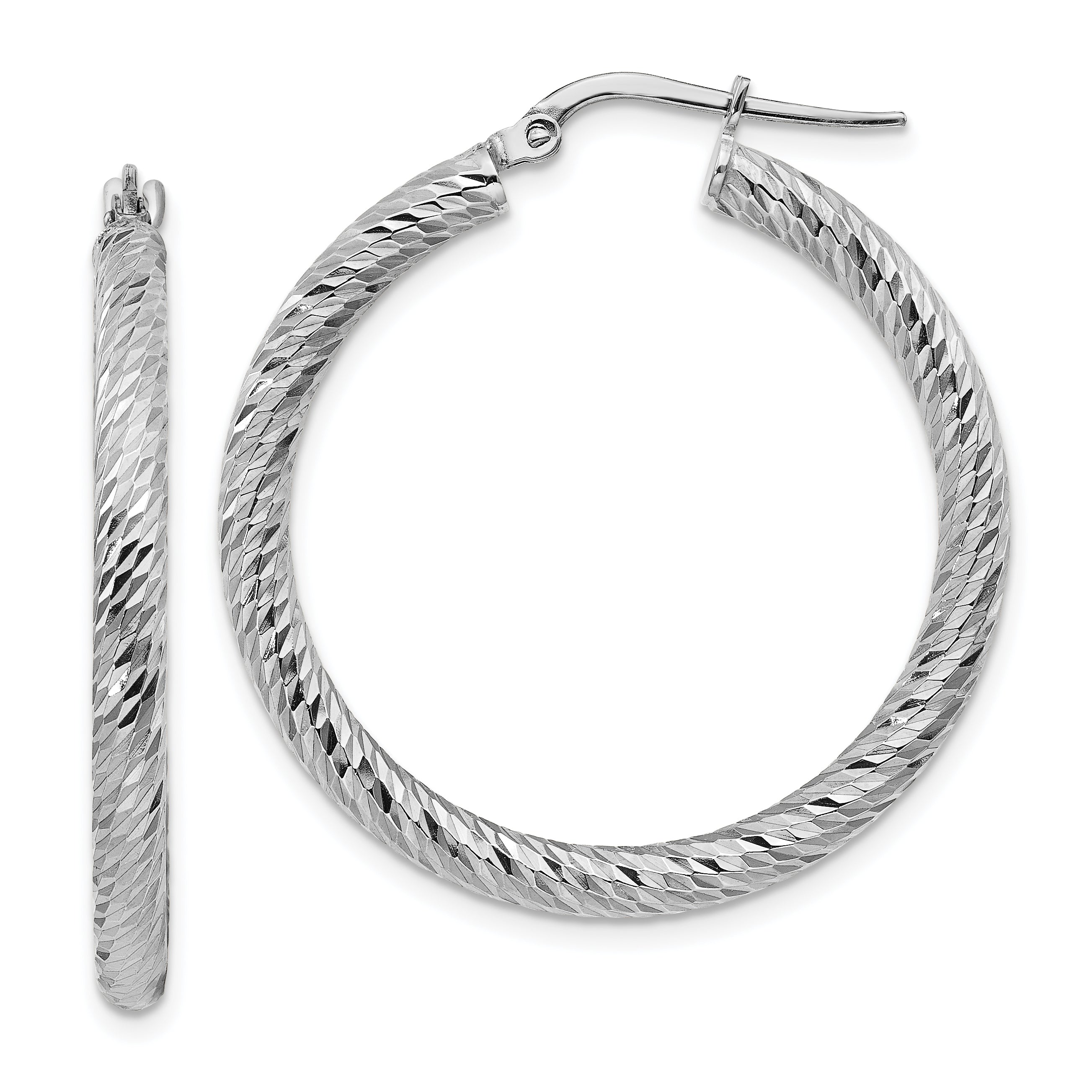 14k 3x25mm White Gold Diamond-cut Round Hoop Earrings