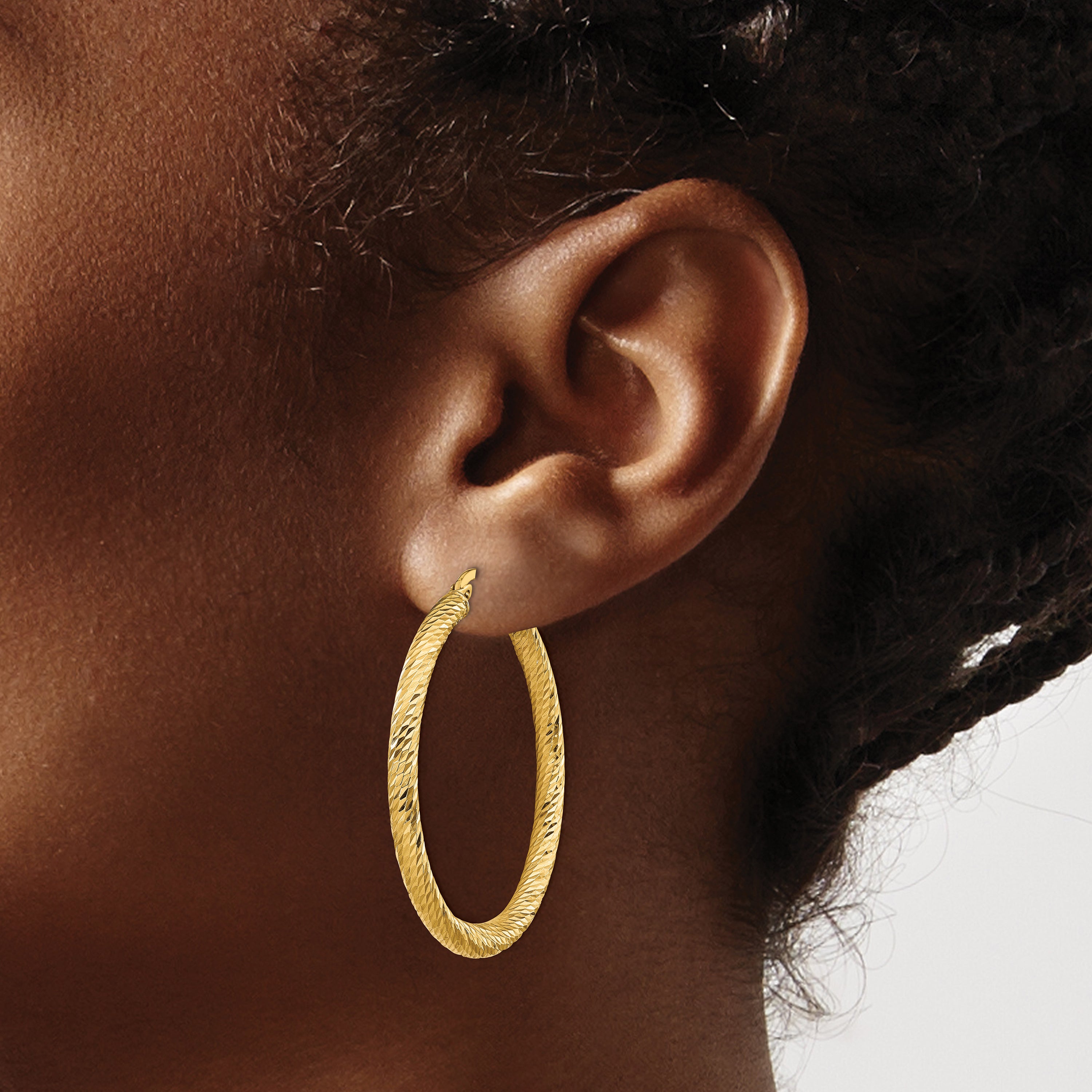 14k Polished 3mm Diamond-cut Round Hoop Earrings