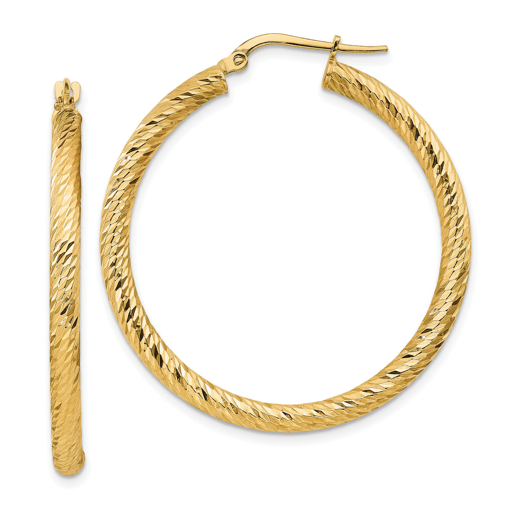 14k Polished 3mm Diamond-cut Round Hoop Earrings