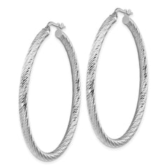 14k 3x40mm White Gold Diamond-cut Round Hoop Earrings