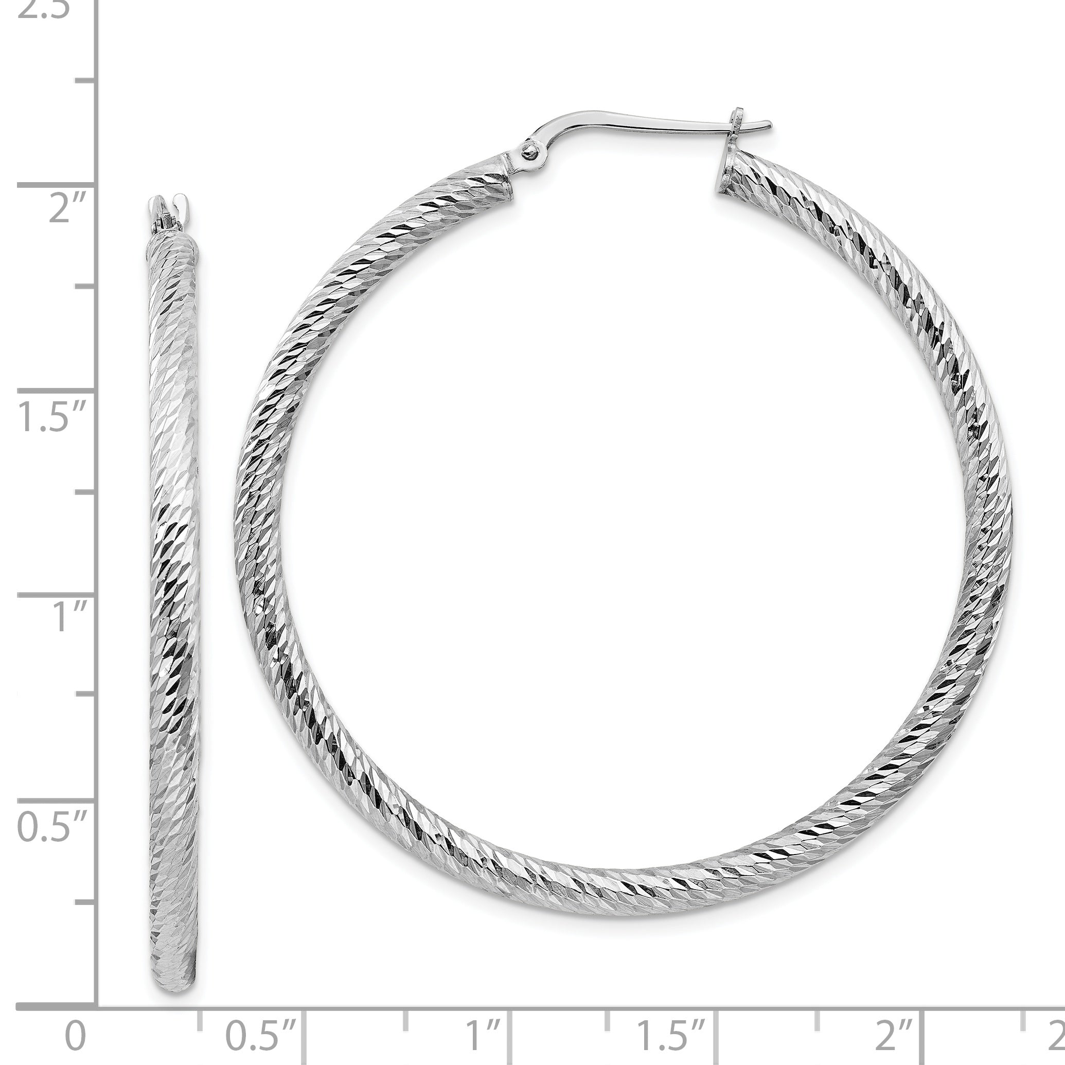 14k 3x40mm White Gold Diamond-cut Round Hoop Earrings