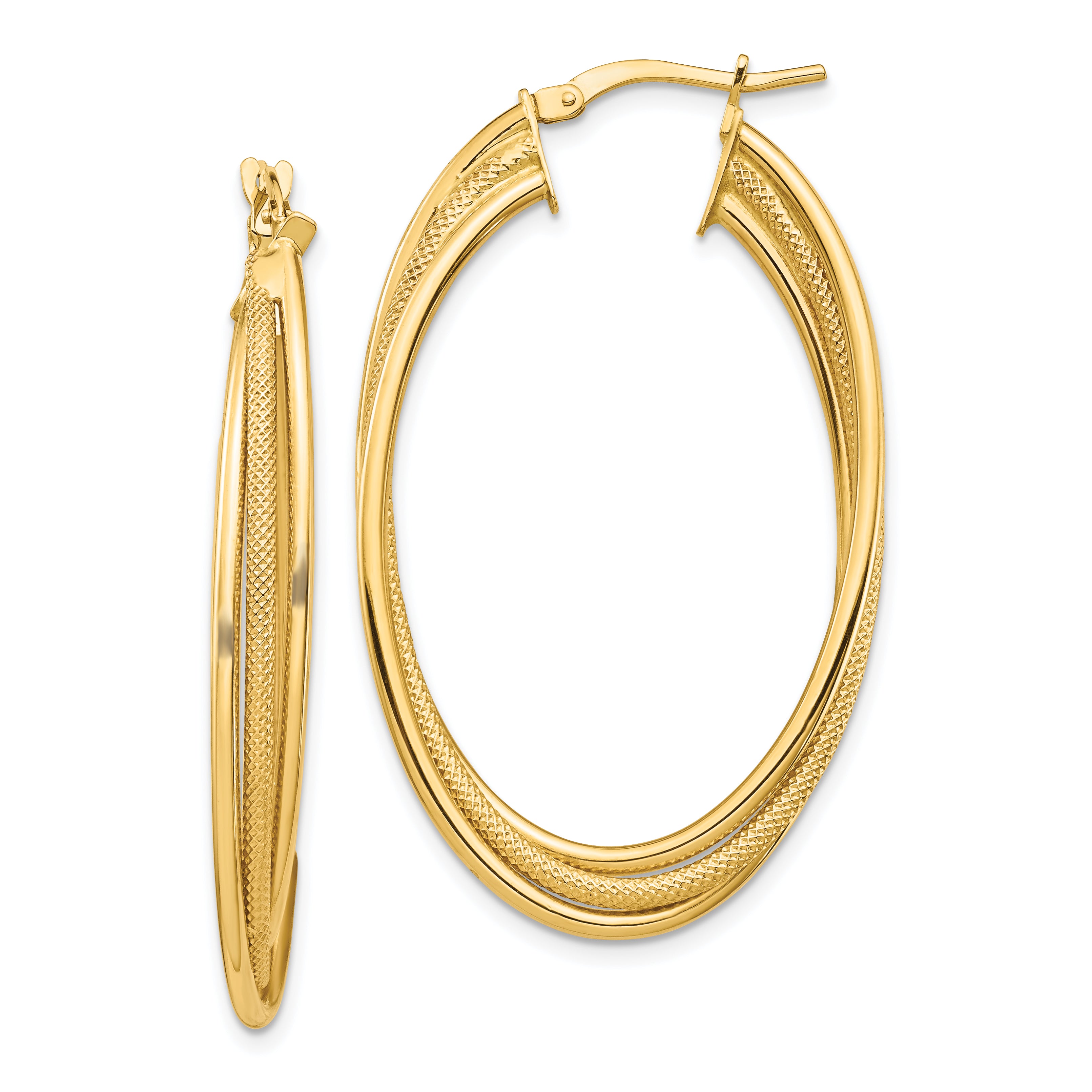 14k Polished and Textured Twisted Fancy Oval Hoop Earrings