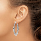 14k White Gold Polished and Textured Twisted Fancy Oval Hoop Earrings