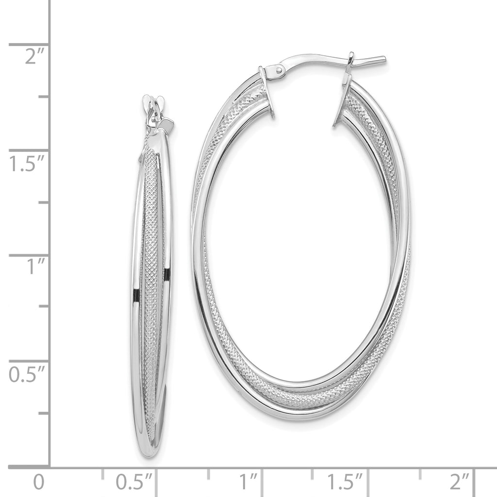 14k White Gold Polished and Textured Twisted Fancy Oval Hoop Earrings