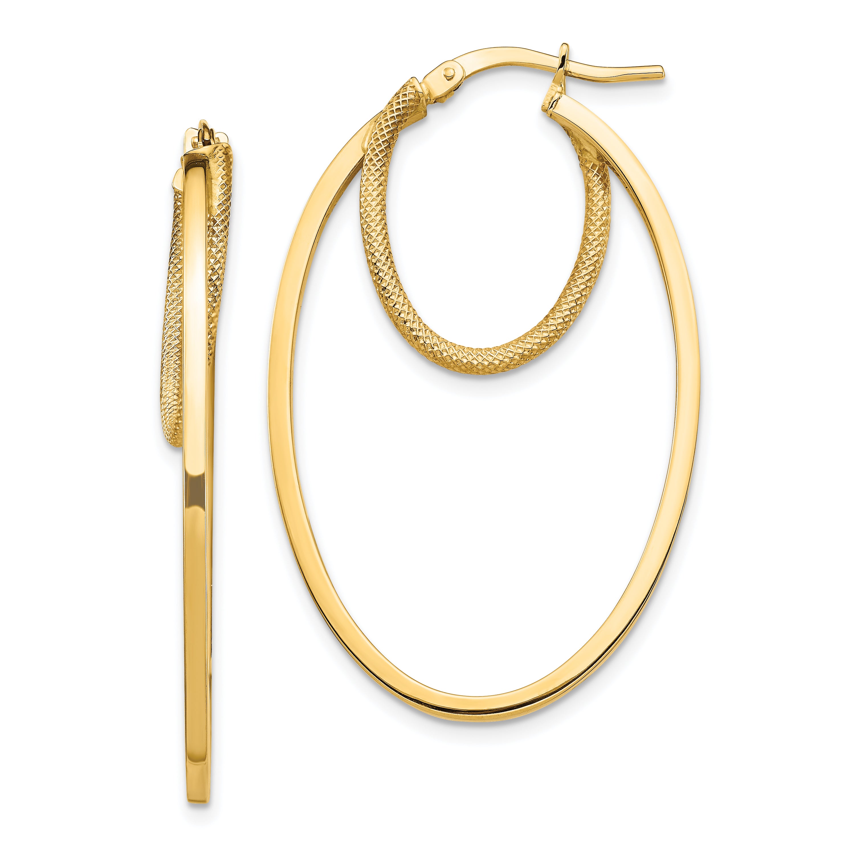 14k Polished & Textured Double Oval Hoop Earrings