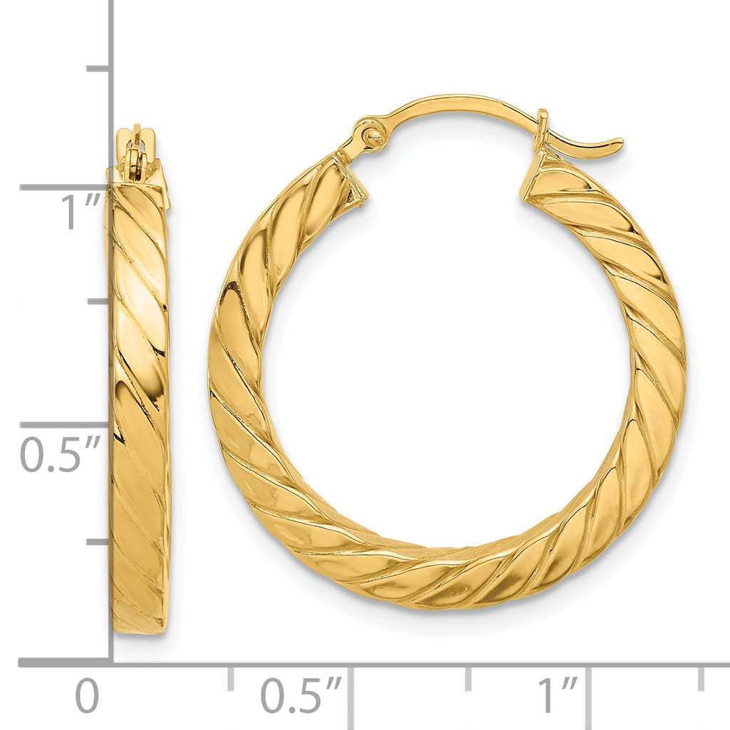 14k Polished & Twisted 3mm Square Tube Hoop Earrings