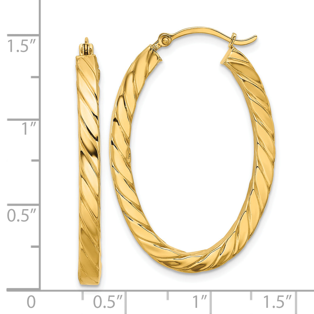 14k Polished & Twisted 3mm Square Tube Oval Hoop Earrings