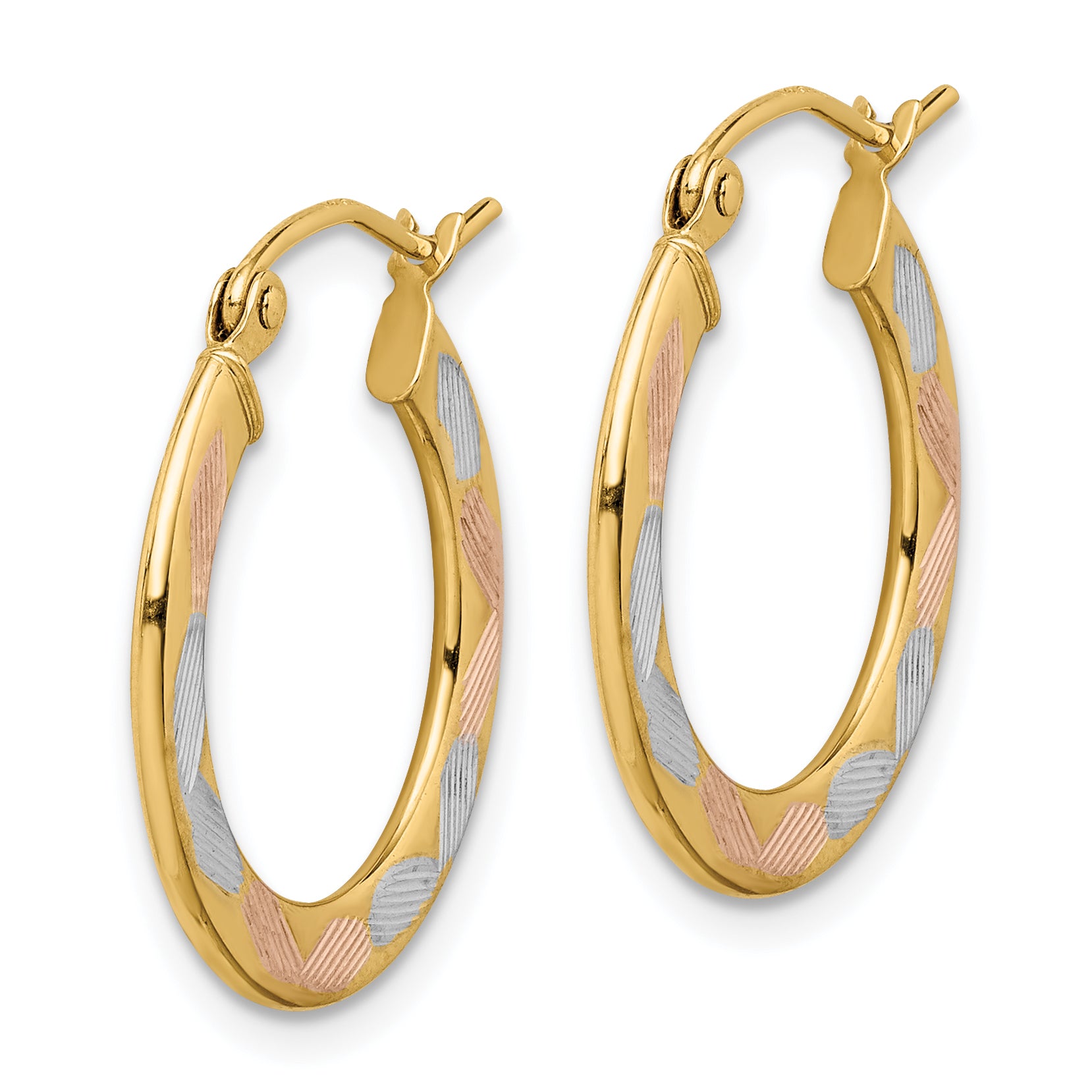 14k w/White and Rose Rhodium Diamond-cut Hoop Earrings Secondary image
