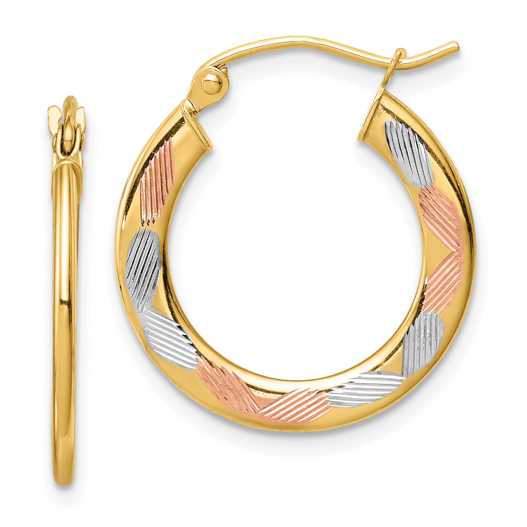 14k w/White and Rose Rhodium Diamond-cut Hoop Earrings Main image