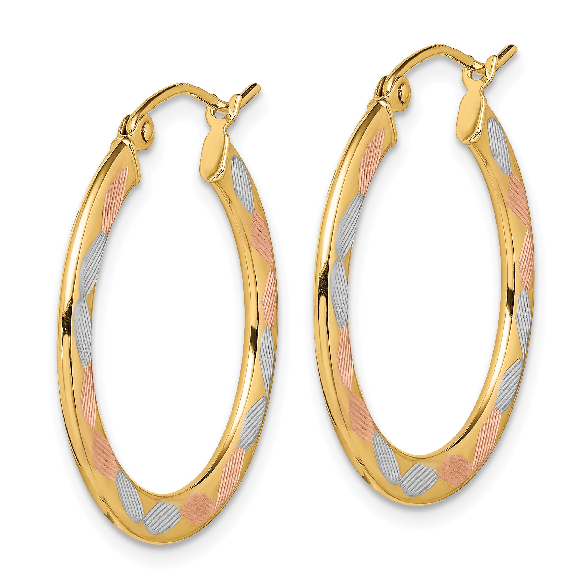 14k w/White and Rose Rhodium Diamond-cut Hoop Earrings Secondary image
