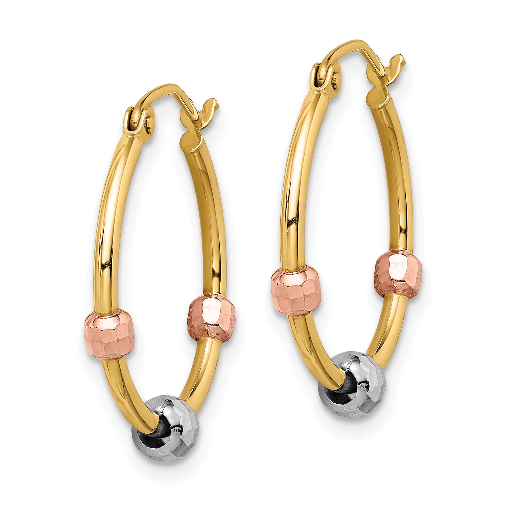 14k Polished with D/C Beads Tri-color Hoop Earrings Secondary image