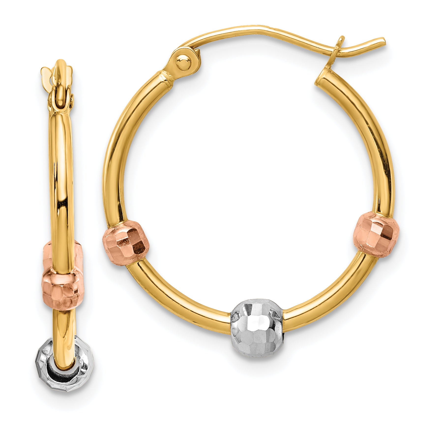 14k Polished with D/C Beads Tri-color Hoop Earrings Main image