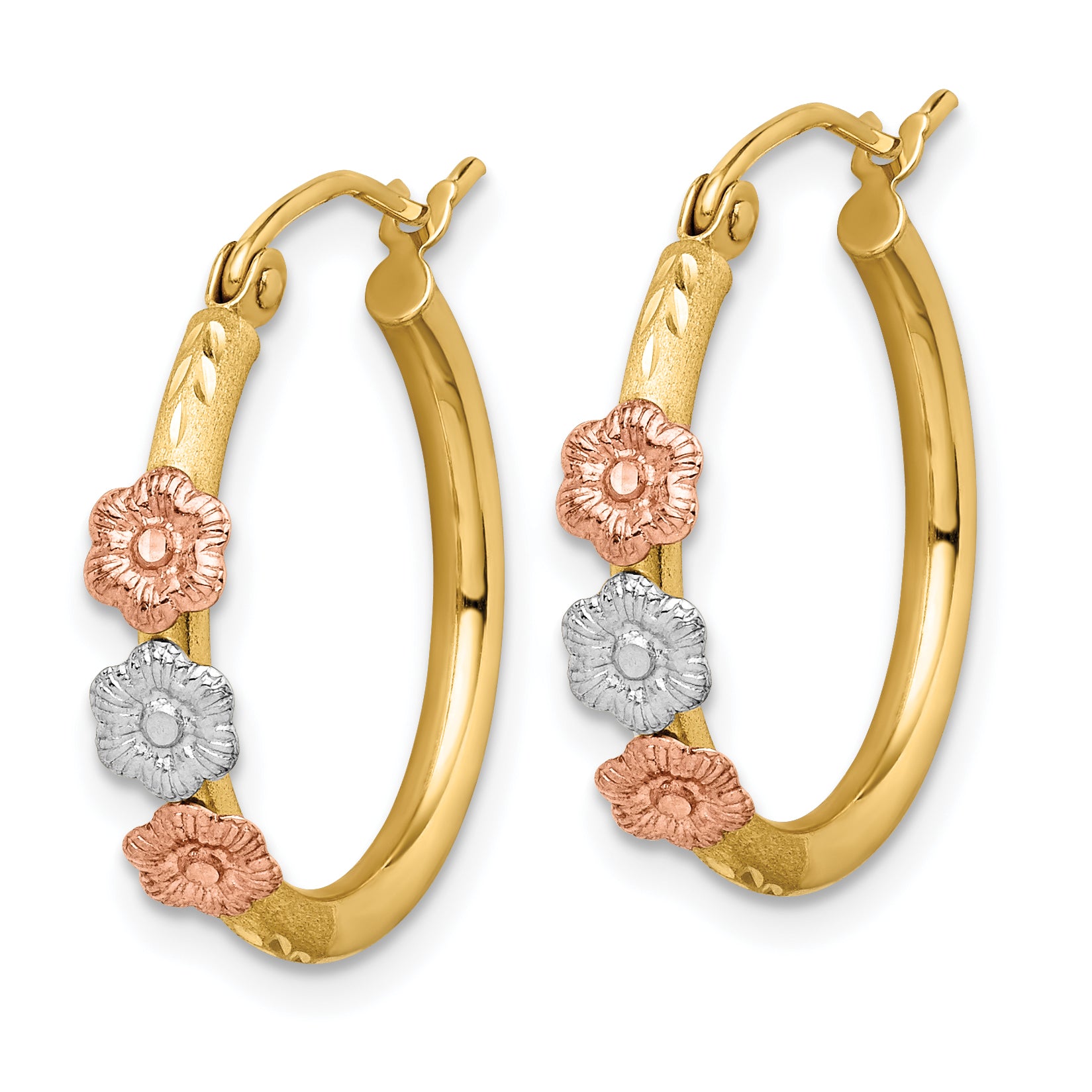 14k Polished & Satin Tri-color Flower Hoop Earrings Secondary image