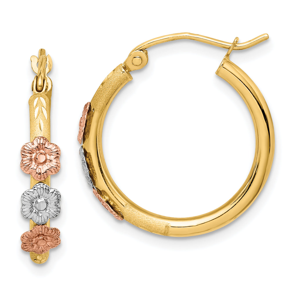 14k Polished & Satin Tri-color Flower Hoop Earrings