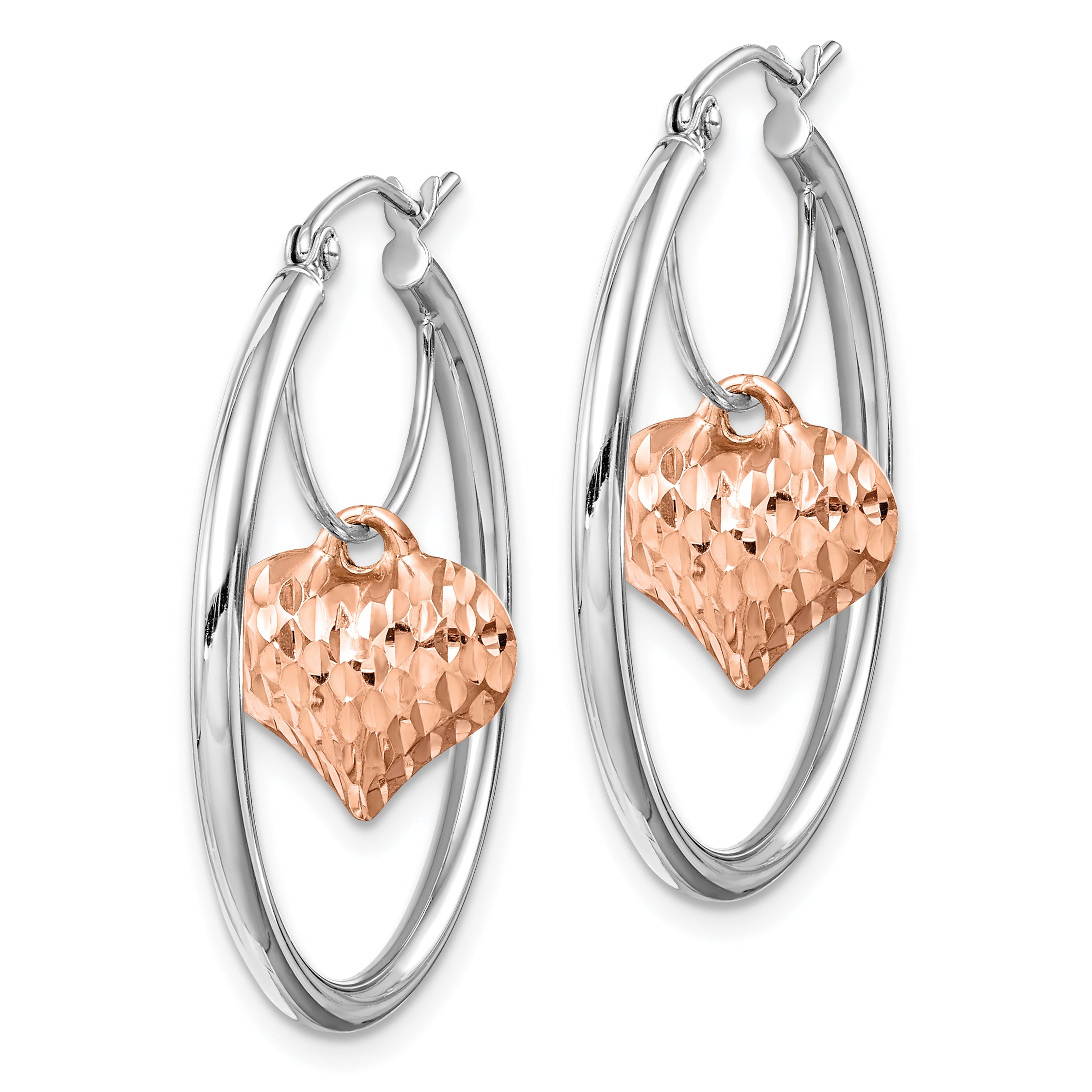 14k Two-tone Rose and White D/C Heart Dangle Hoop Earrings Secondary image
