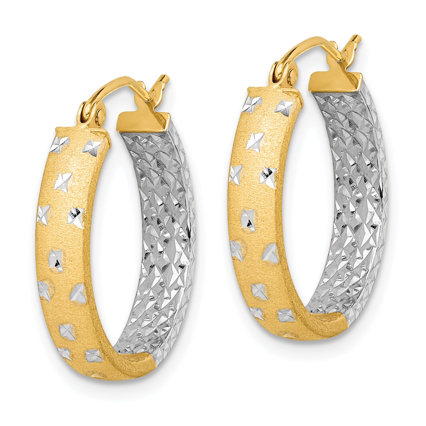 14k w/White Rhodium Satin Polished Diamond-cut In/Out Hoop Earrings Secondary image