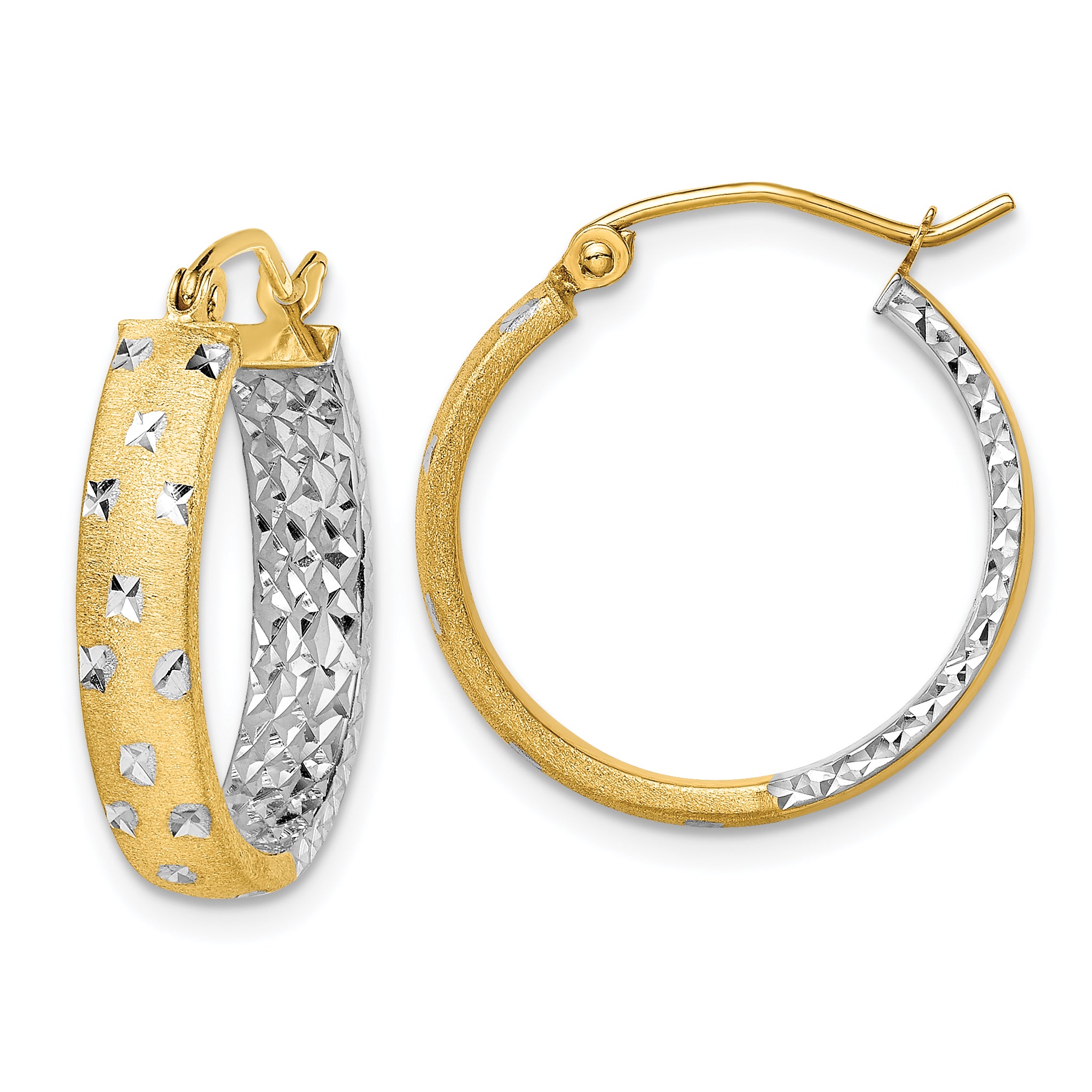 14k w/White Rhodium Satin Polished Diamond-cut In/Out Hoop Earrings Main image