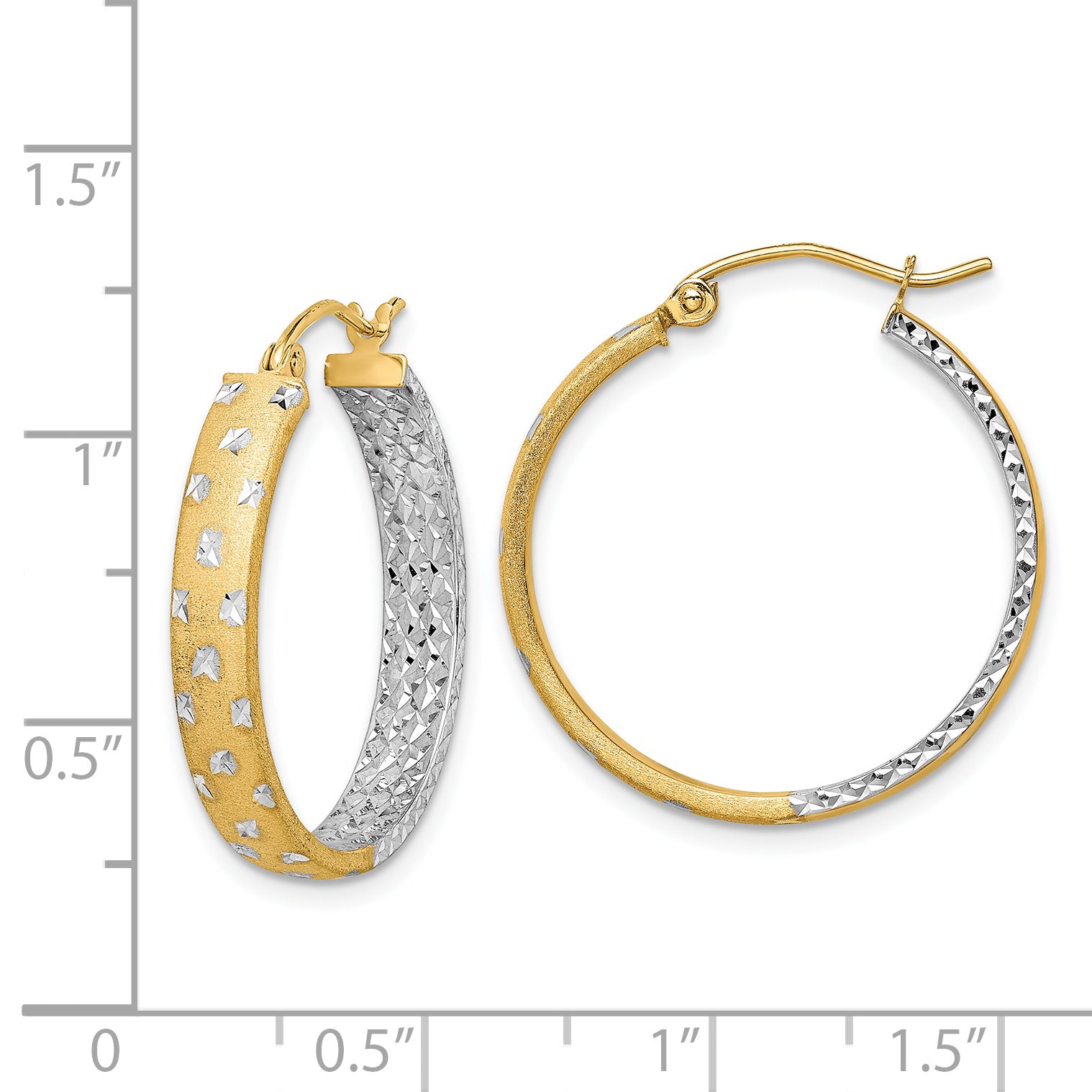 14k w/White Rhodium Polished Satin Diamond-cut In/Out Hoop Earrings