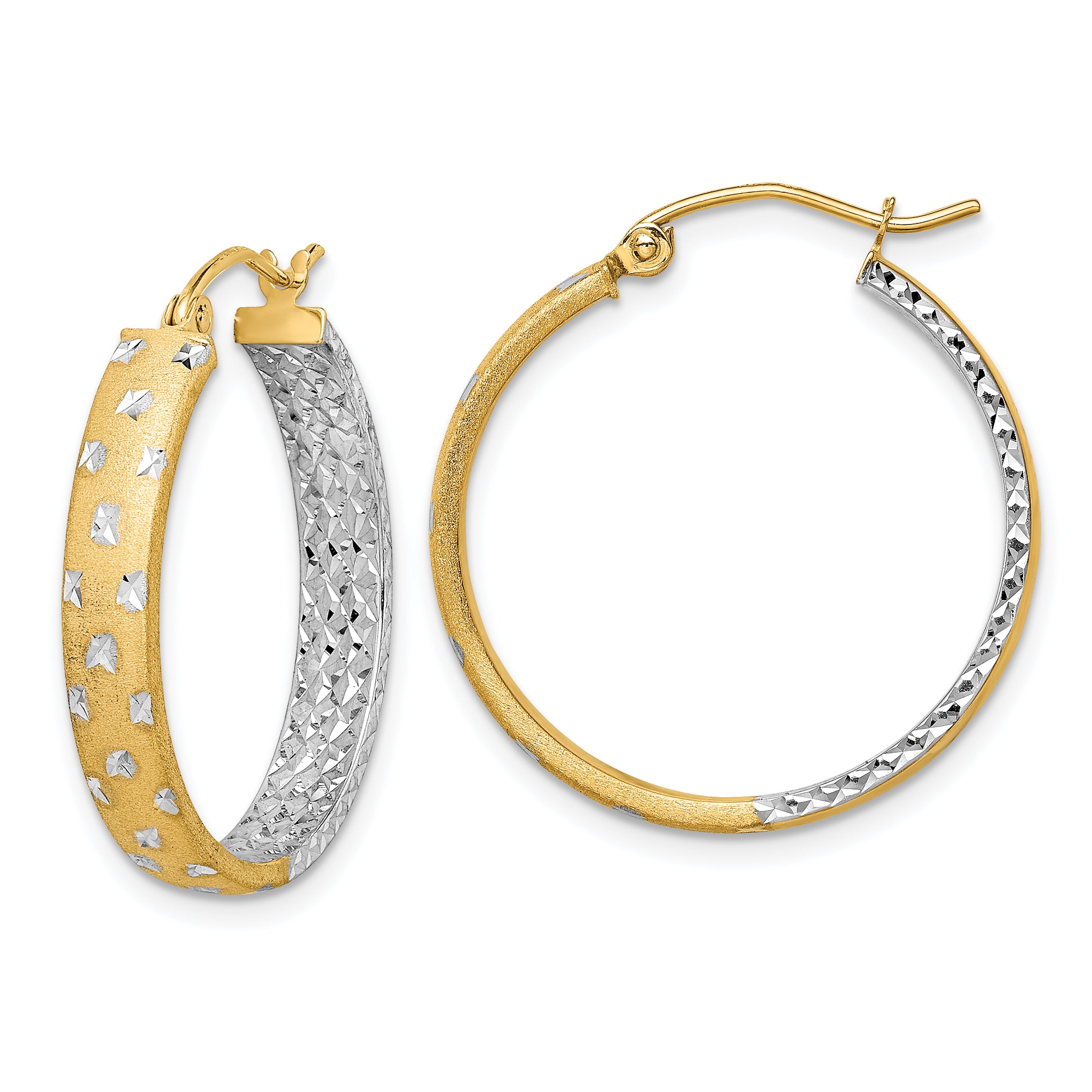 14k w/White Rhodium Polished Satin Diamond-cut In/Out Hoop Earrings Main image