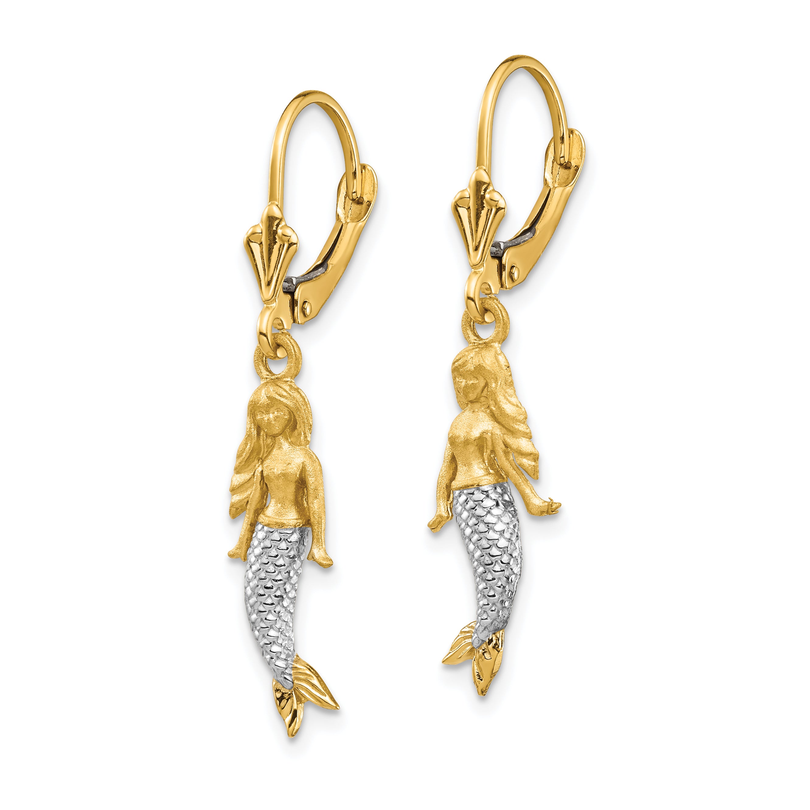 14K and White Rhodium Brushed & Polished Mermaid Earrings