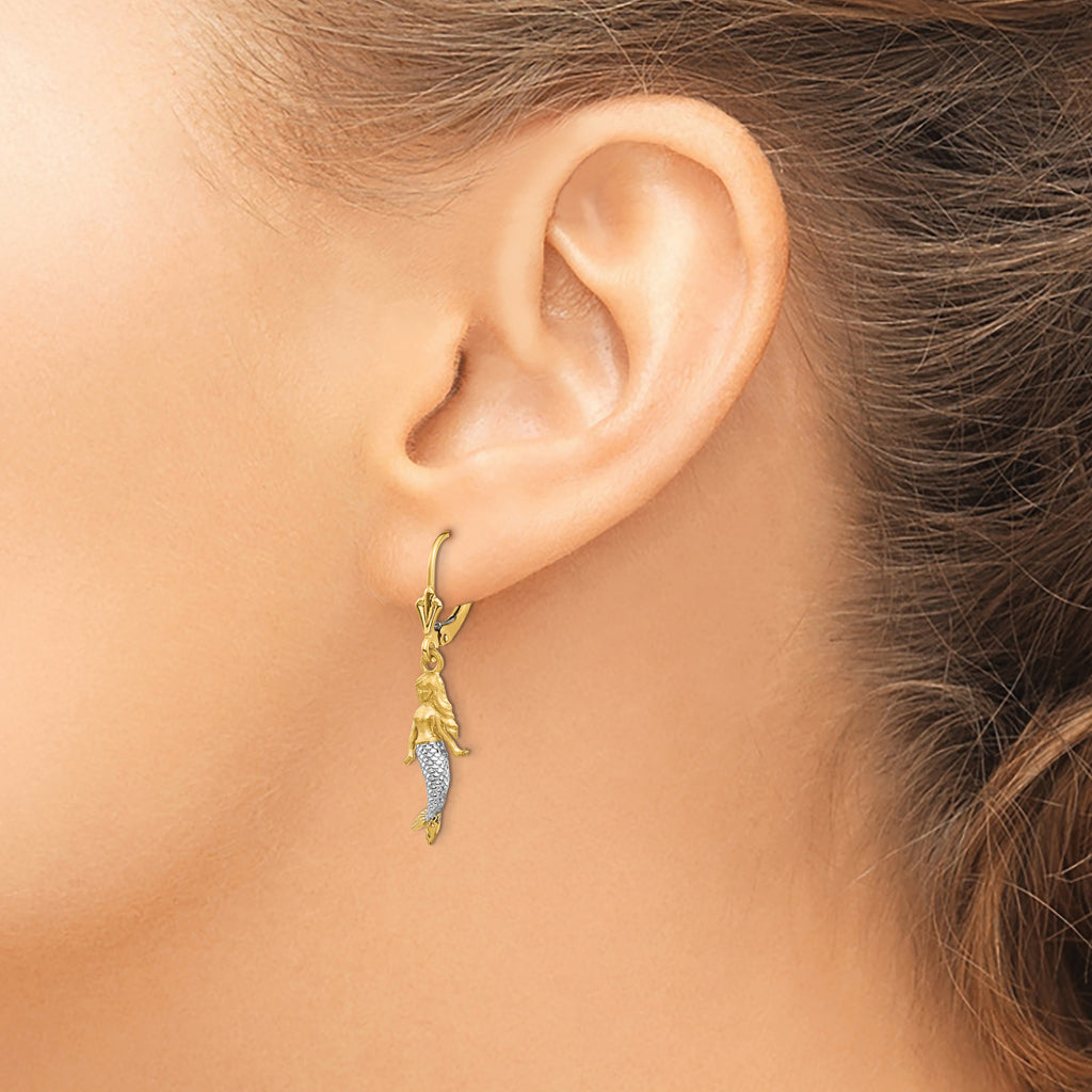 14K and White Rhodium Brushed & Polished Mermaid Earrings