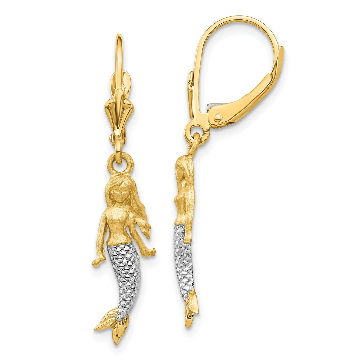 White Mermaid Dangle Earrings in 14K Yellow Gold, Brushed & Polished - Sophia Jewelers Main image
