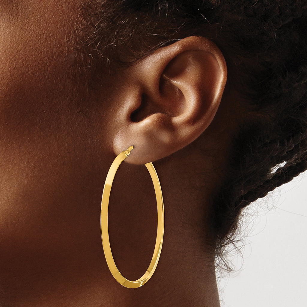14K Large 3mm Knife Edge Oval Hoop Earrings