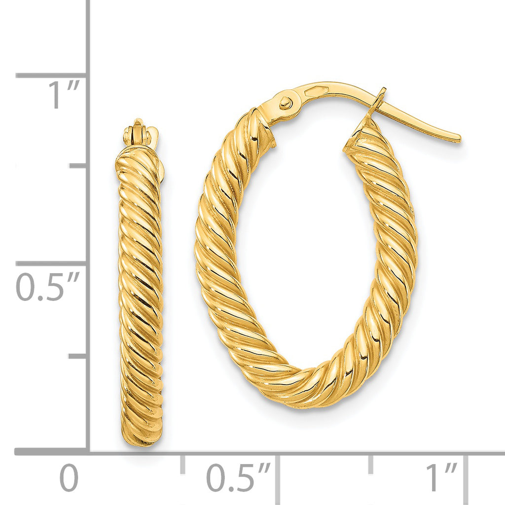 14K Small 3mm Textured Oval Hoop Earrings