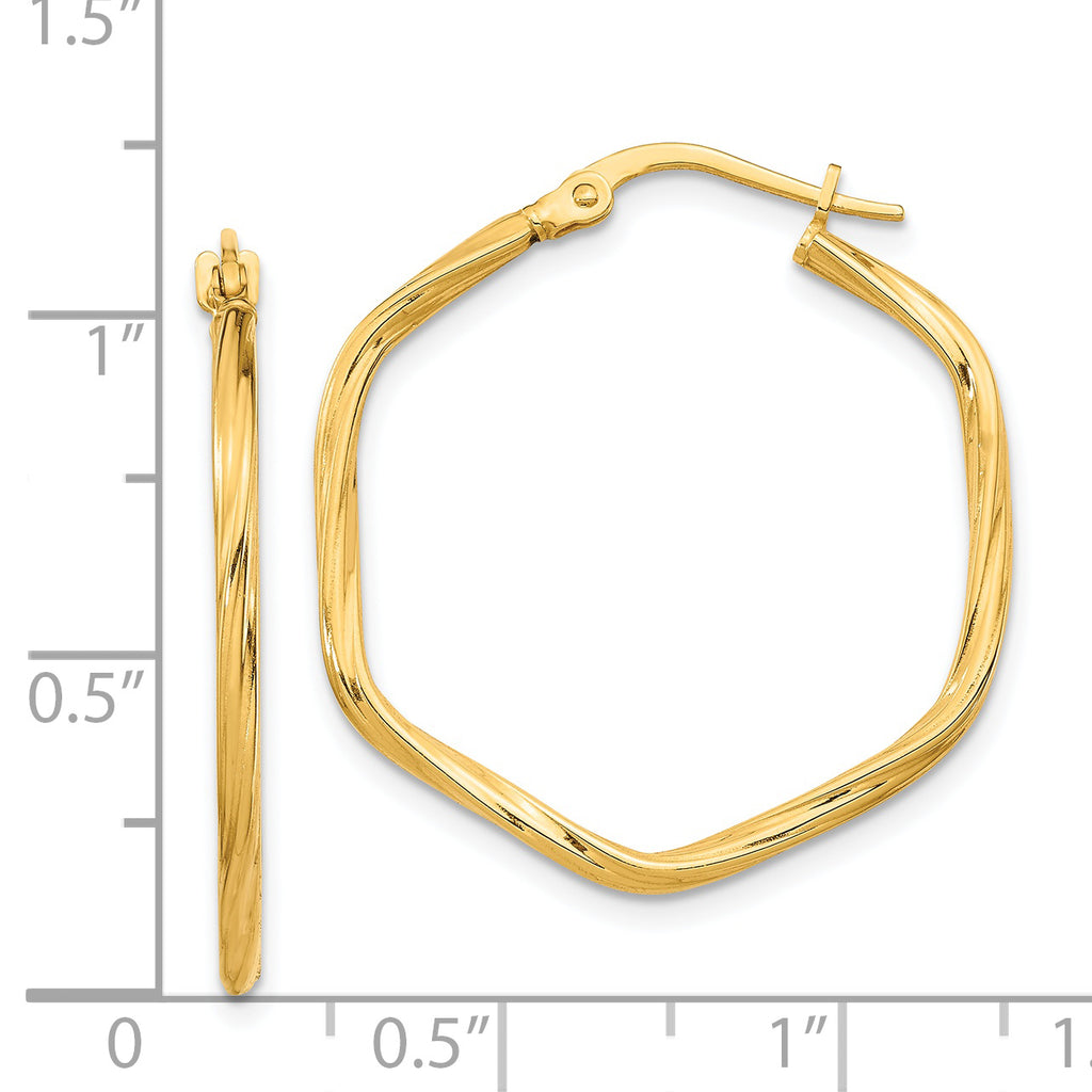 14K 1x1mm Textured Twist Hexagon Hoop Earrings