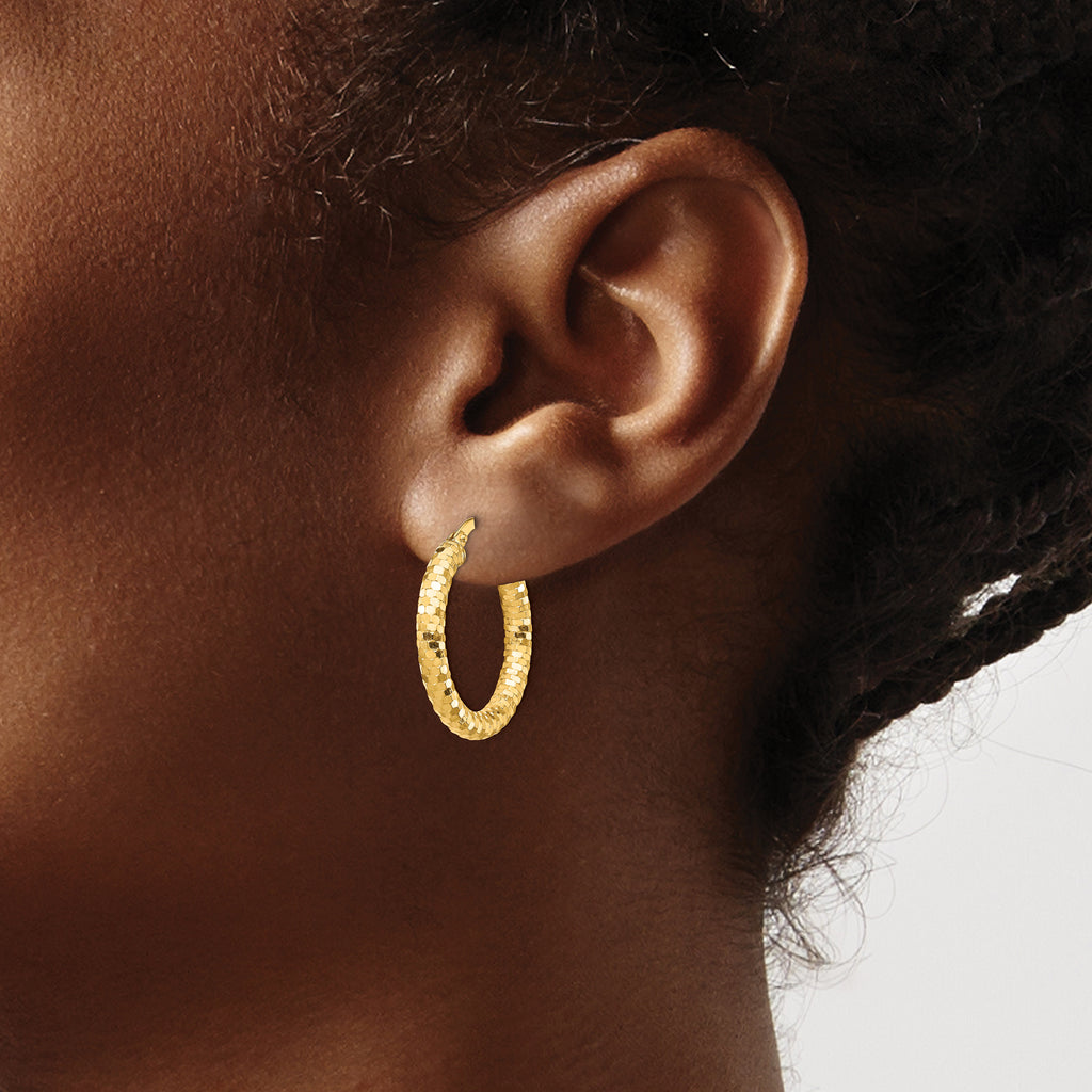 14K 3x22mm Diamond-cut Hoop Earrings