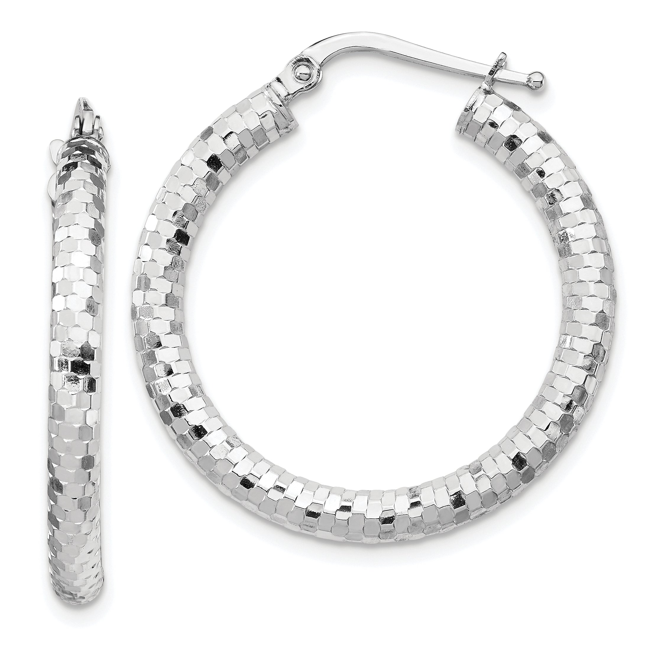 14k White Gold 3x27mm Diamond-cut Hoop Earrings Main image