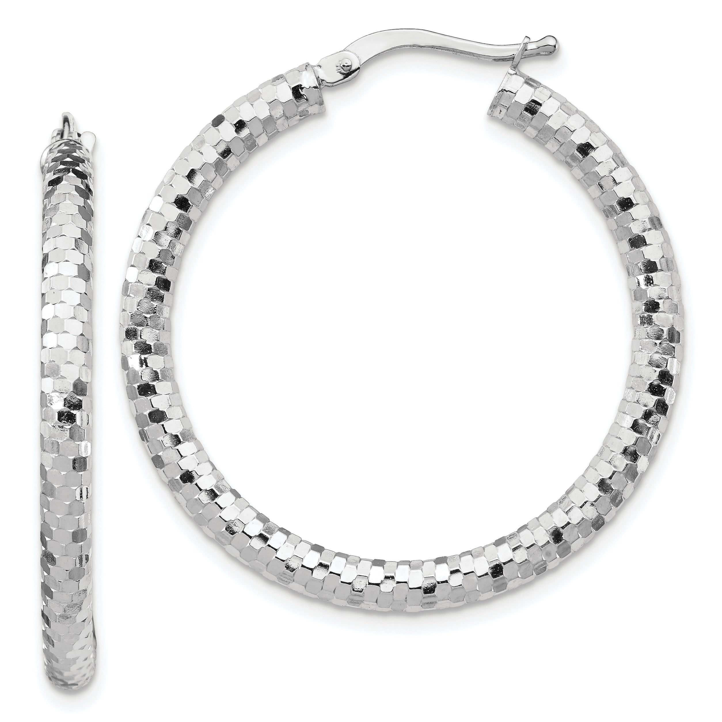 14k White Gold 3x32mm Diamond-cut Hoop Earrings Main image