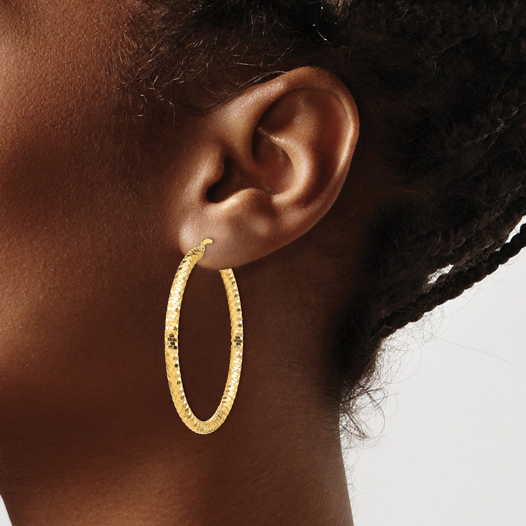 14K 3x35mm Diamond-cut Hoop Earrings