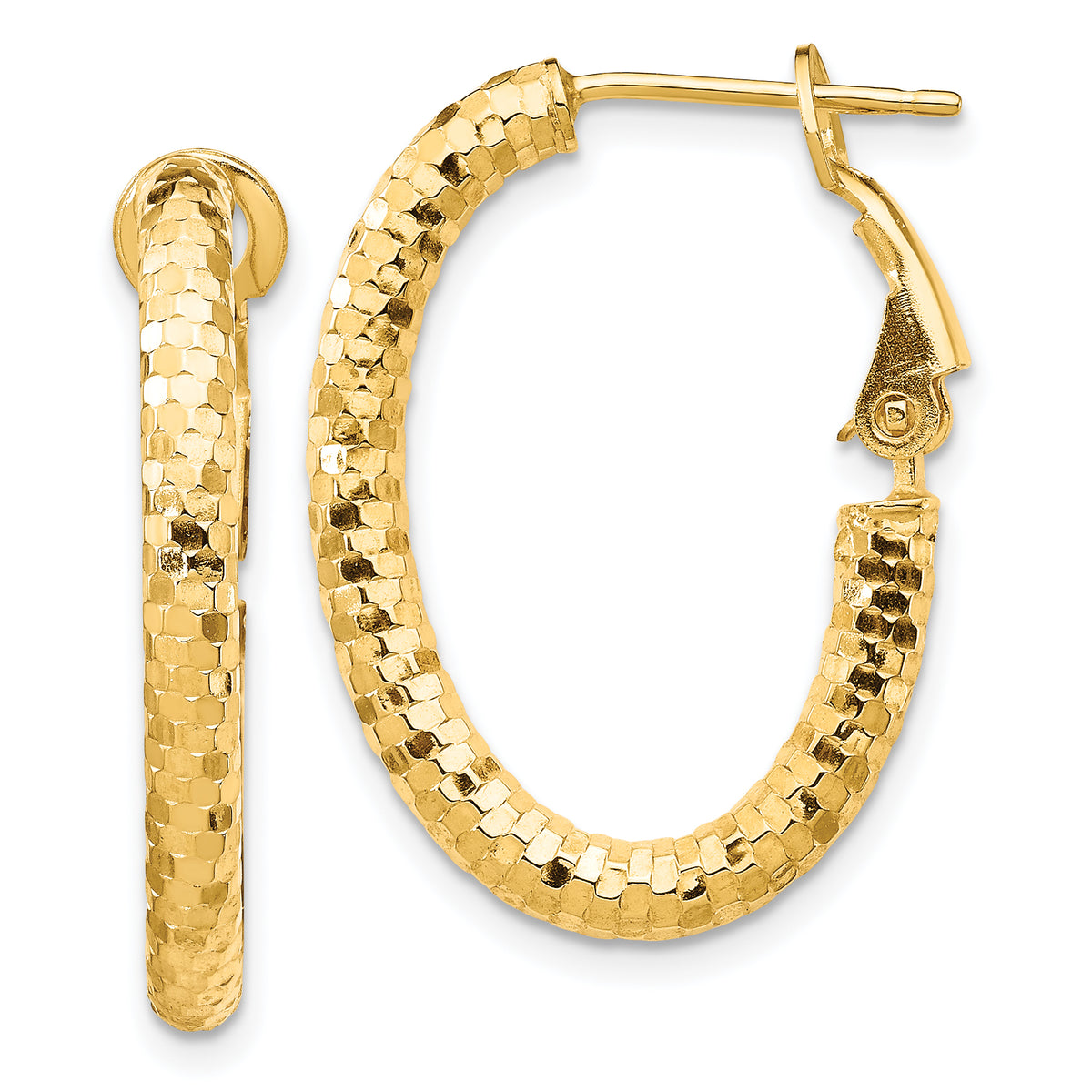 14K 3mm Small Diamond-cut Oval Omega Back Hoop Earrings