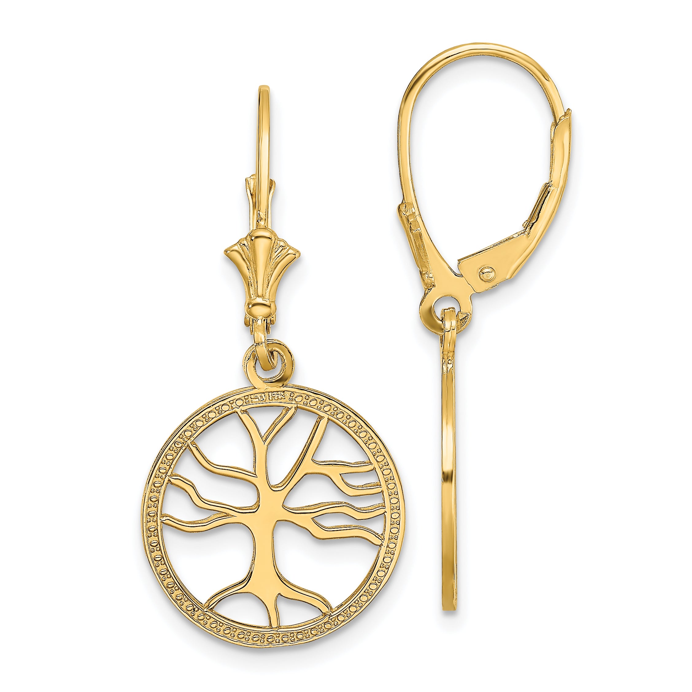 14K Tree of Life In Round Frame Leverback Earrings