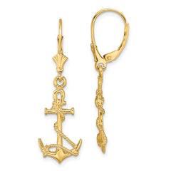 14K 3-D Anchor W/ Shackle and Entwined Rope Leverback Earrings