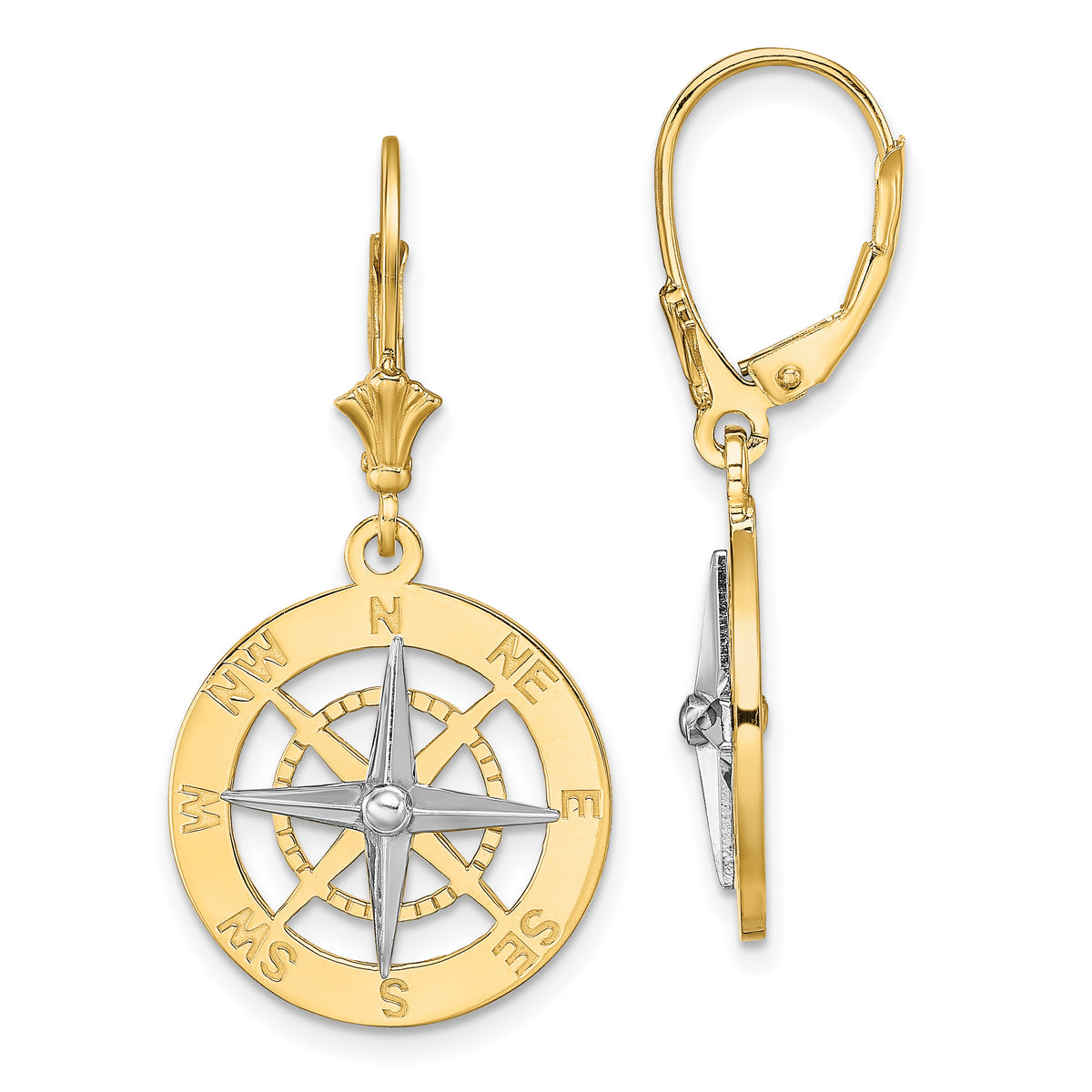 14K W/ Rhodium Nautical Compass Leverback Earrings