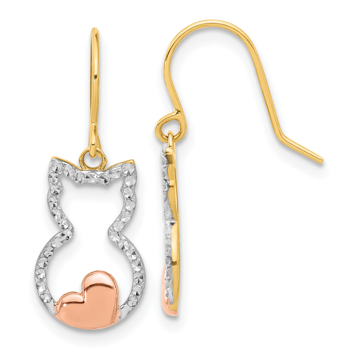 14k w/Rose and White Rhodium D/C Cat Outline Dangle Earrings