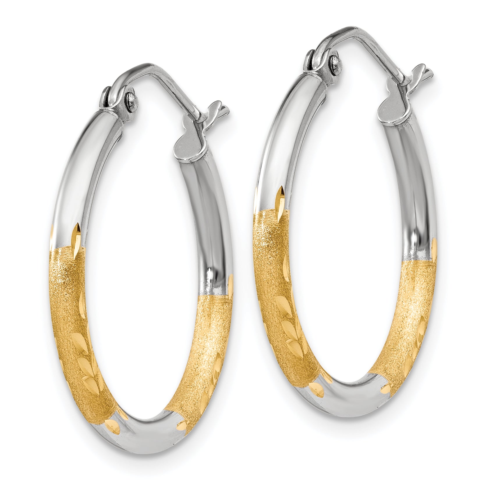 14k w/White Rhodium 2mm Satin and Polished Diamond-cut Hoop Earrings Secondary image