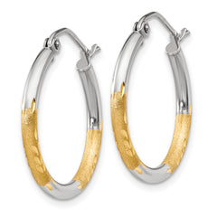 14k w/White Rhodium 2mm Satin and Polished Diamond-cut Hoop Earrings