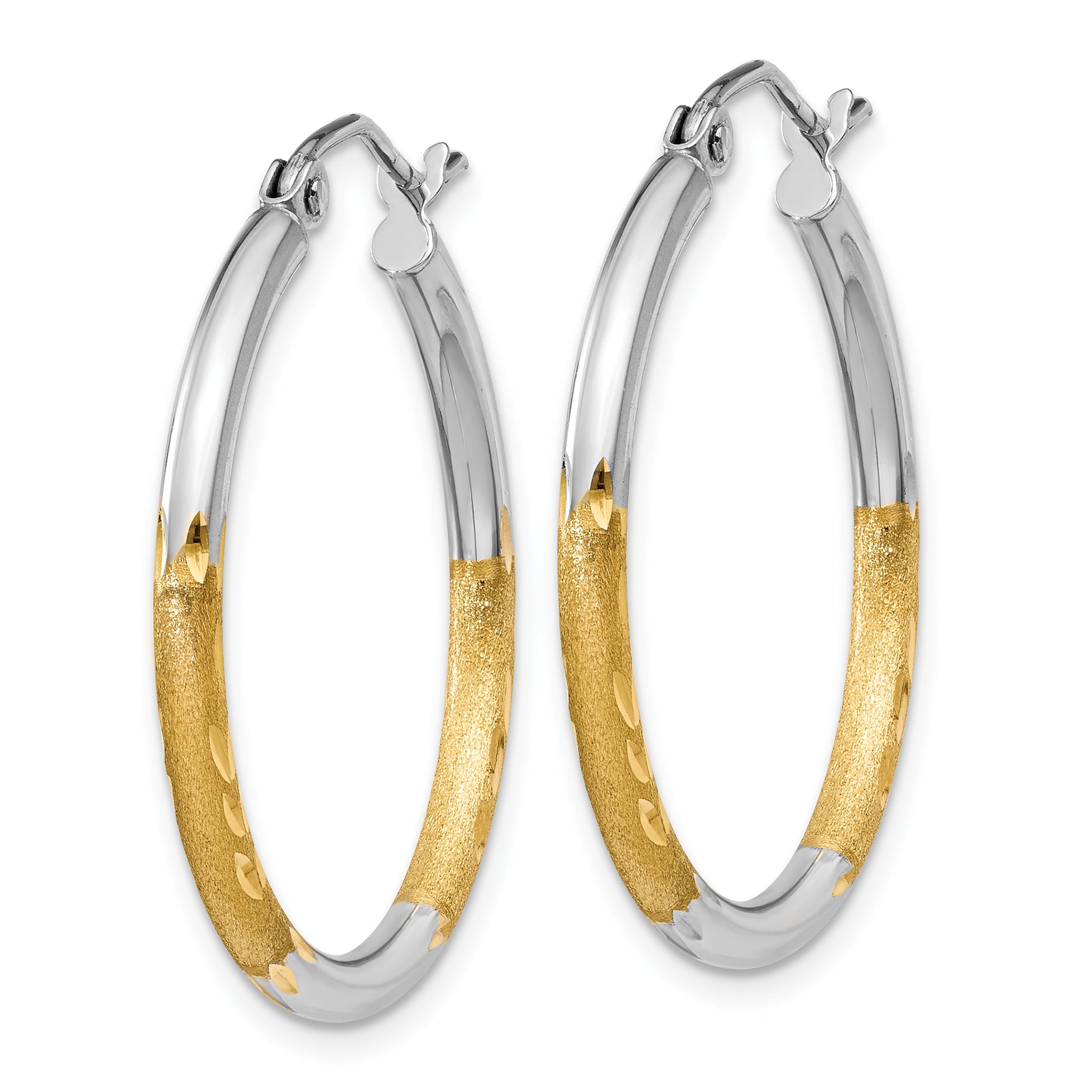 14k w/White Rhodium 2mm Satin and Polished Diamond-cut Hoop Earrings Secondary image