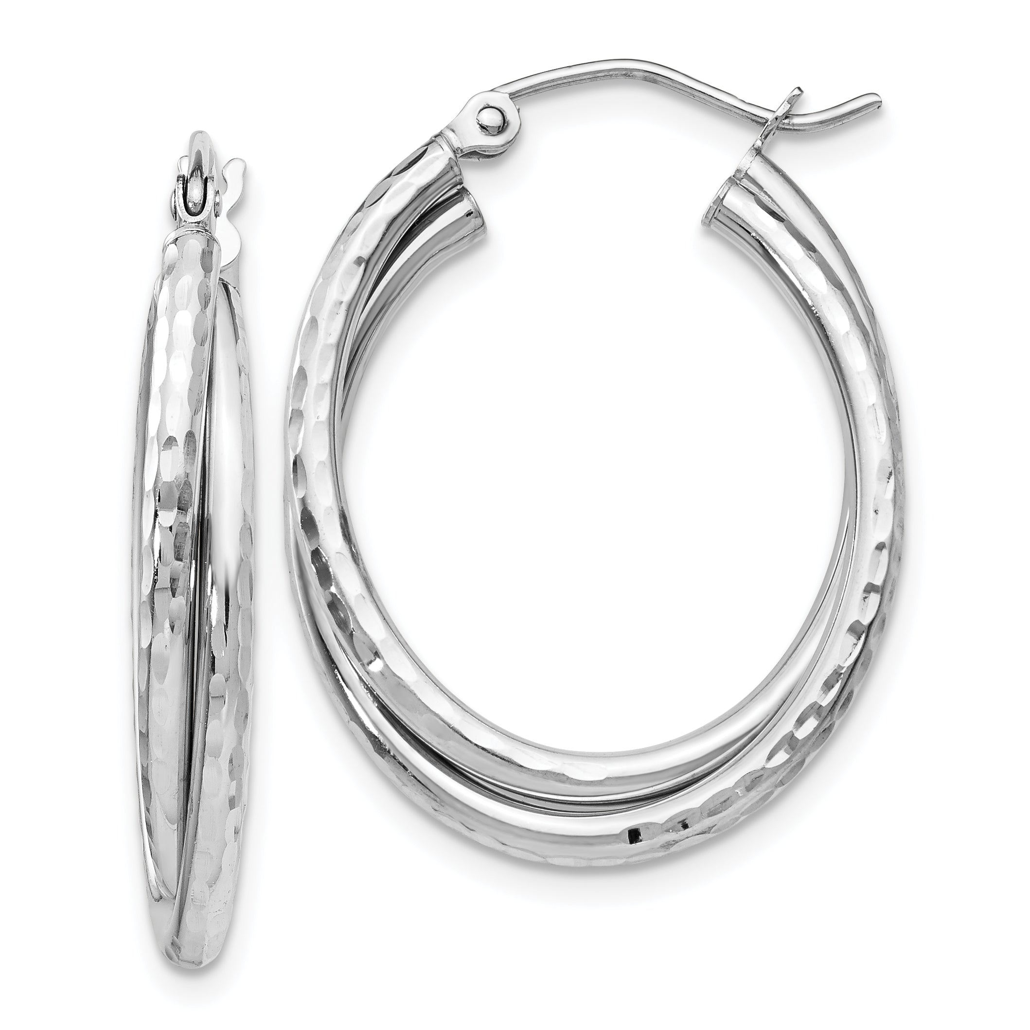 14k White Gold Diamond-cut Polished Oval Hoop Earring Main image