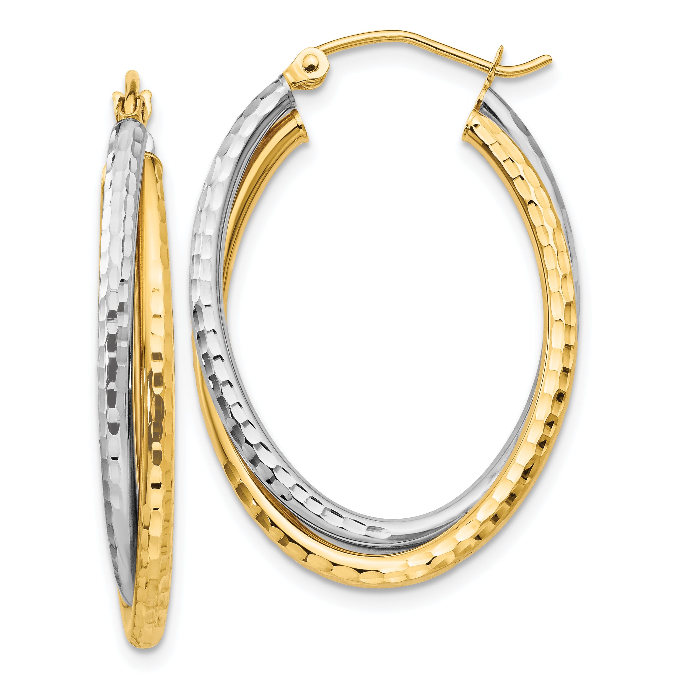 14k Two-tone Diamond-cut Polished Oval Hoop Earring