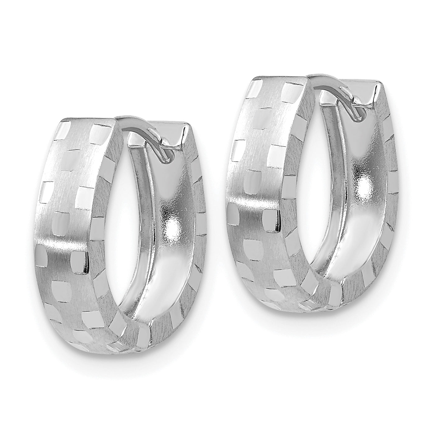 14K White Gold Diamond Cut 4mm Patterned Hinged Hoop Earrings Secondary image