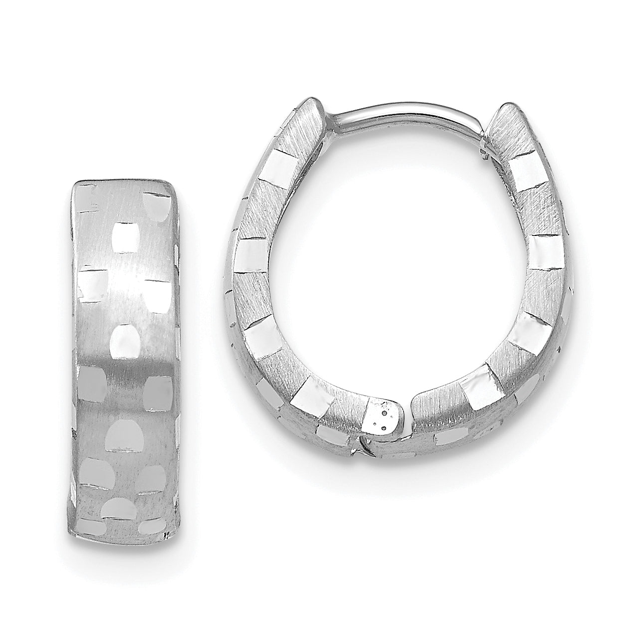 14K White Gold Diamond Cut 4mm Patterned Hinged Hoop Earrings Main image